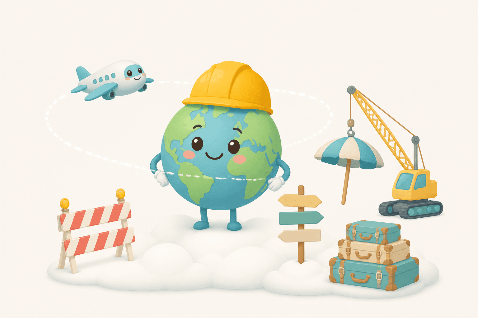 A cartoon planet Earth wearing a construction hard hat while a small plane circles it